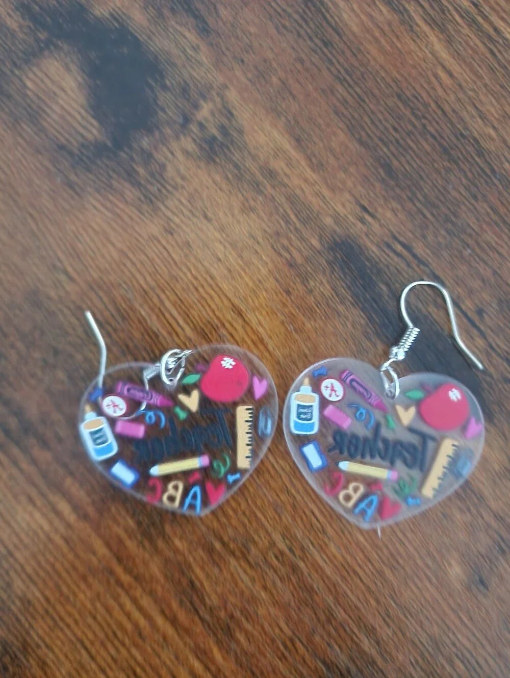 Teacher Heart Dangle Earrings - Colorful School Icons Appreciation Gifts/events